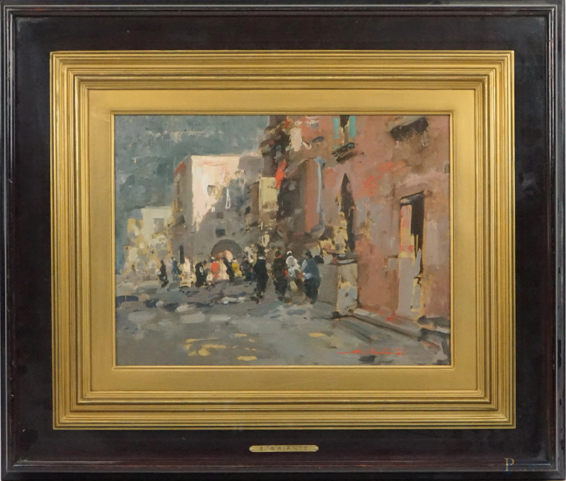 Ezelino Briante : Mercato, olio su compensato, cm 30,5x40, entro cornice.  - Asta ASTA A TEMPO DI ANTIQUARIATO E ARTE MODERNA - Aste Pirone