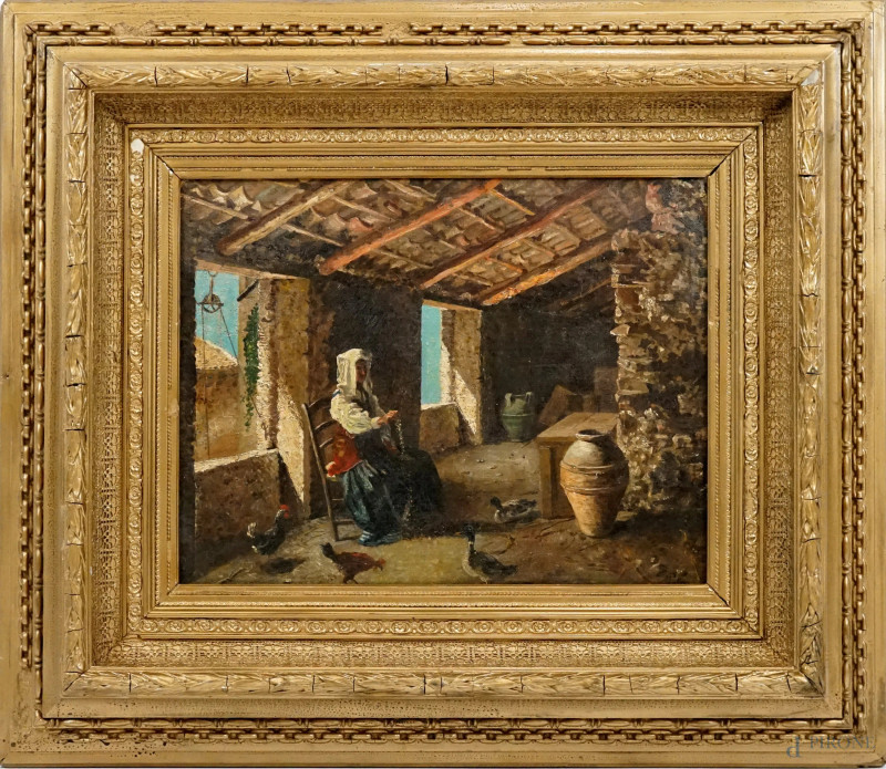 Interno con figura, olio su tela, cm 37x47, firmato T. Patini, entro cornice  - Asta I TORNATA DI ASTA A TEMPO DI ARTE MODERNA E ANTIQUARIATO - Aste Pirone