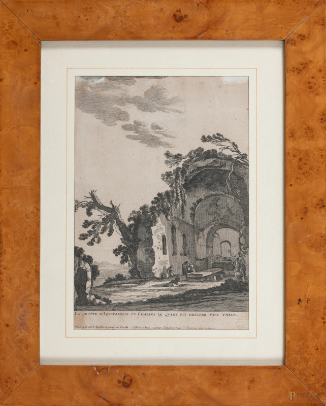 Stampa "La Grotte d'Aqua Farelle", XIX-XX secolo, cm 34x26 compreso pasepartout, entro cornice, (segni di usura, piegature, tracce di umidità, ossidazione, foxing)  - Asta  ASTA A TEMPO | VARIÆ - Aste Pirone