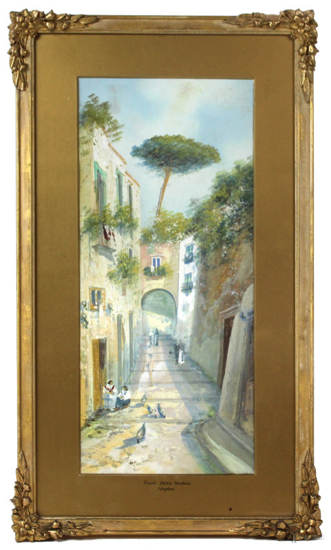 Vicolo della vecchia Napoli, gouache su carta, cm 41x18, firmato Guglielmo Giusti, entro cornice.  - Asta Asta a Tempo di Antiquariato e Arte Moderna - Aste Pirone