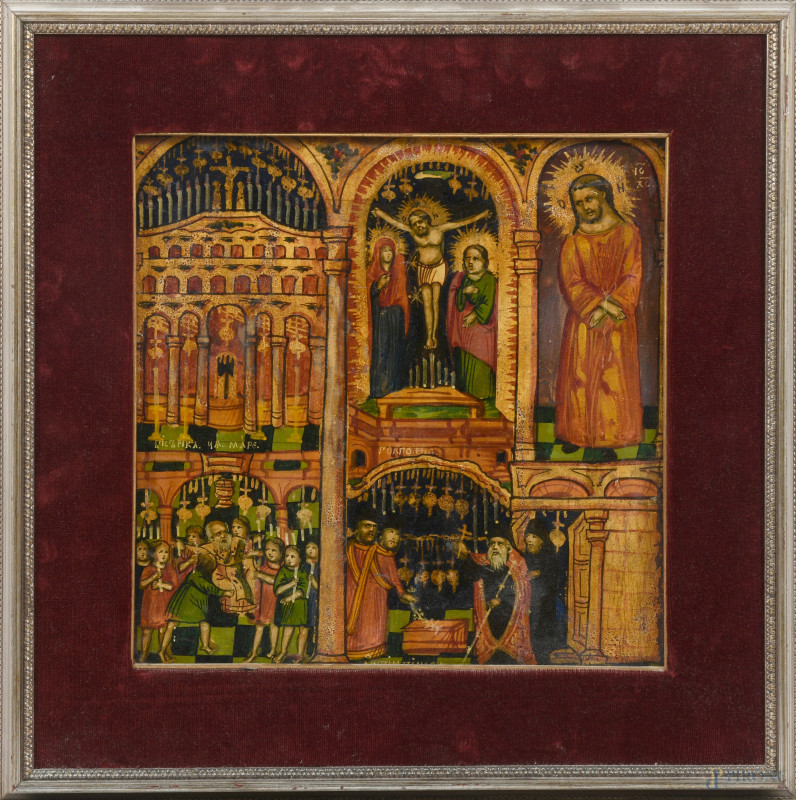 Icona balcanica, olio su tela applicata su tavola, XX secolo, cm 33x33,5, entro cornice, (difetti)  - Asta ASTA A TEMPO | IN ARTE VERITAS - Aste Pirone