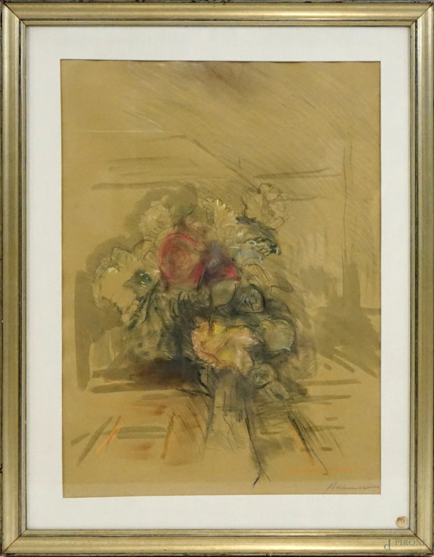 Alfonso Avanessian : Bouquet  di fiori, tecnica mista su carta, cm 68x48, entro cornice  - Asta ASTA A TEMPO DI ANTIQUARIATO E ARTE MODERNA - Aste Pirone