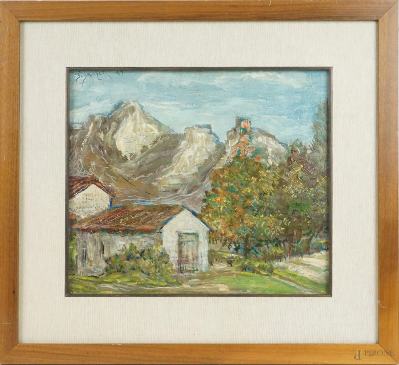 Franco Sacchetti : Paesaggio montano con case, olio su tavola, cm 30x35, entro cornice  - Asta ASTA DI ARTE MODERNA, CONTEMPORANEA E VINTAGE - Aste Pirone