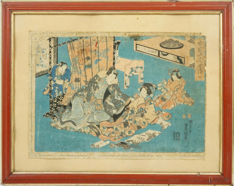 Gheisha e Samurai, stampa a colori, cm 25x35, Giappone, XIX secolo, entro cornice, (difetti).  - Asta ASTA A TEMPO di Arte Moderna e Antiquariato - Aste Pirone