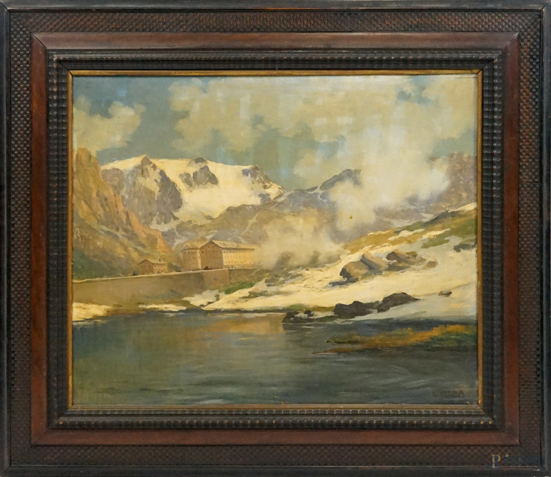 Ospizio del Gran Bernardo, olio su compensato, cm 50x60, firmato, entro cornice.  - Asta ASTA A TEMPO DI ANTIQUARIATO E ARTE MODERNA – DUE SESSIONI - Aste Pirone