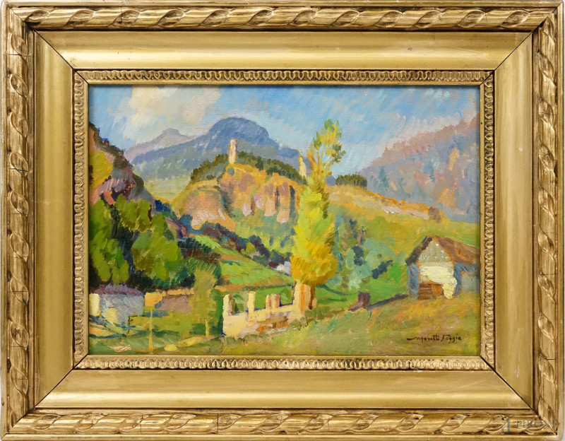 Paesaggio montano, olio su tavoletta, cm 23x32, firmato, entro cornice.  - Asta ASTA A TEMPO DI ANTIQUARIATO E ARTE MODERNA - Aste Pirone