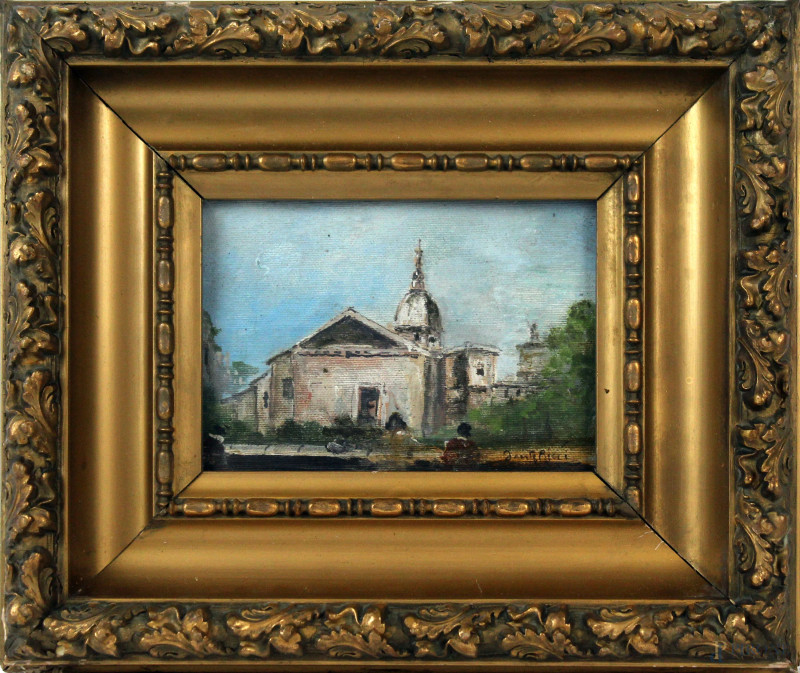 Scorcio con chiesa, olio su tela applicata su cartone, cm 13x17,5, firmato, entro cornice  - Asta Asta a Tempo di Antiquariato e Arte Moderna - Aste Pirone