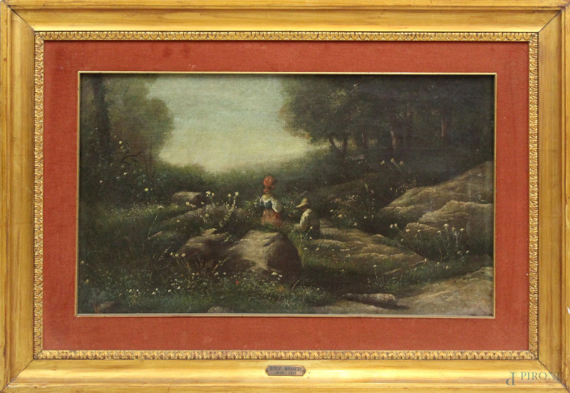 Paesaggio con figure, olio su tela,cm 35x60,5, fine XIX secolo, entro cornice.  - Asta ANTIQUARIATO E ARTE MODERNA - Aste Pirone