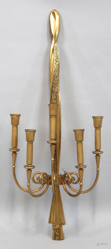 Applique in bronzo dorato, a cinque luci, braccia sinuose, marcato Lumi d'arte Simonetti G.& Figli, altezza cm 80  - Asta ANTIQUARIATO E ARTE MODERNA - Aste Pirone