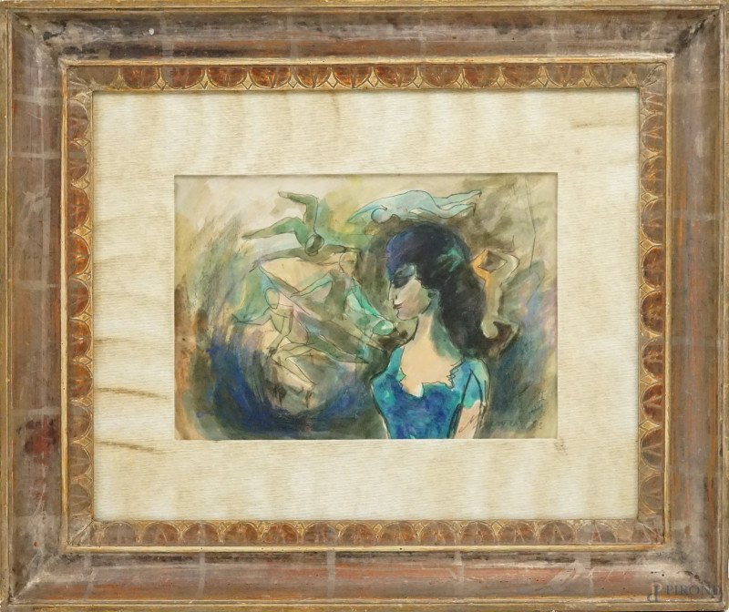 Mino Maccari : Senza titolo, acquarello su carta, cm 23x34.5, in cornice  - Asta ASTA A TEMPO DI ANTIQUARIATO E ARTE MODERNA - Aste Pirone