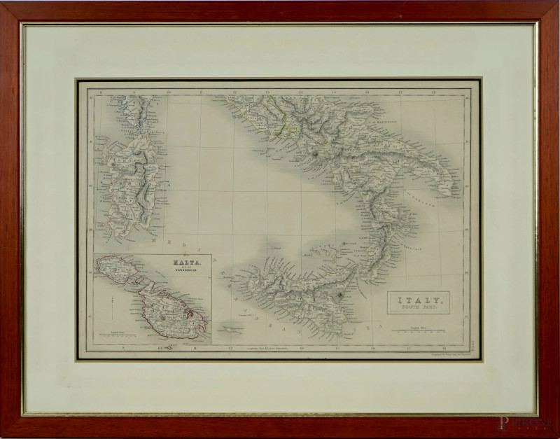 Italy South part, stampa, cm 27x39, XIX secolo, entro cornice  - Asta ASTA DI ANTIQUARIATO E ARTE MODERNA - Aste Pirone