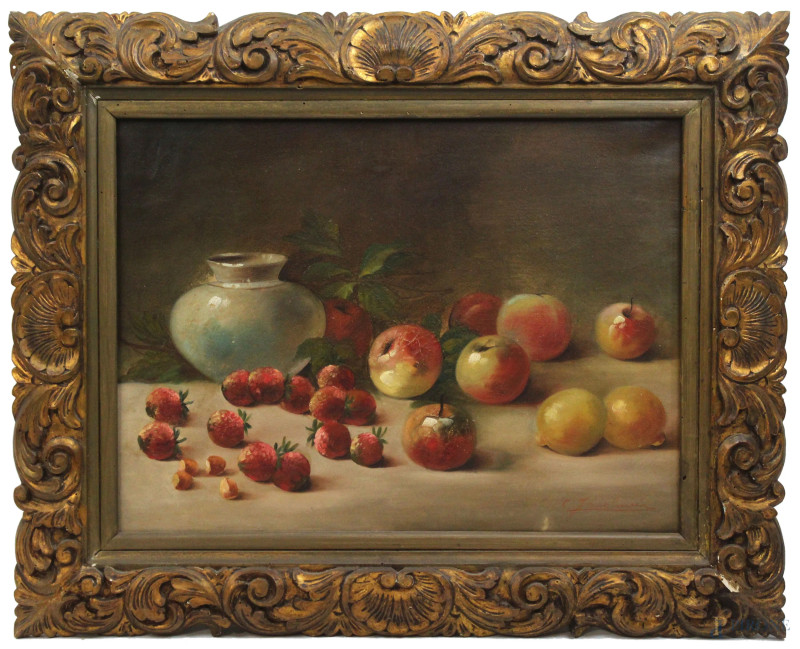 Natura morta con frutta, olio su tela, cm 50x60, firmato, entro cornice, (piccole cadute di colore).  - Asta PRIMA TORNATA D' ASTA A TEMPO DI FINE STAGIONE - Aste Pirone