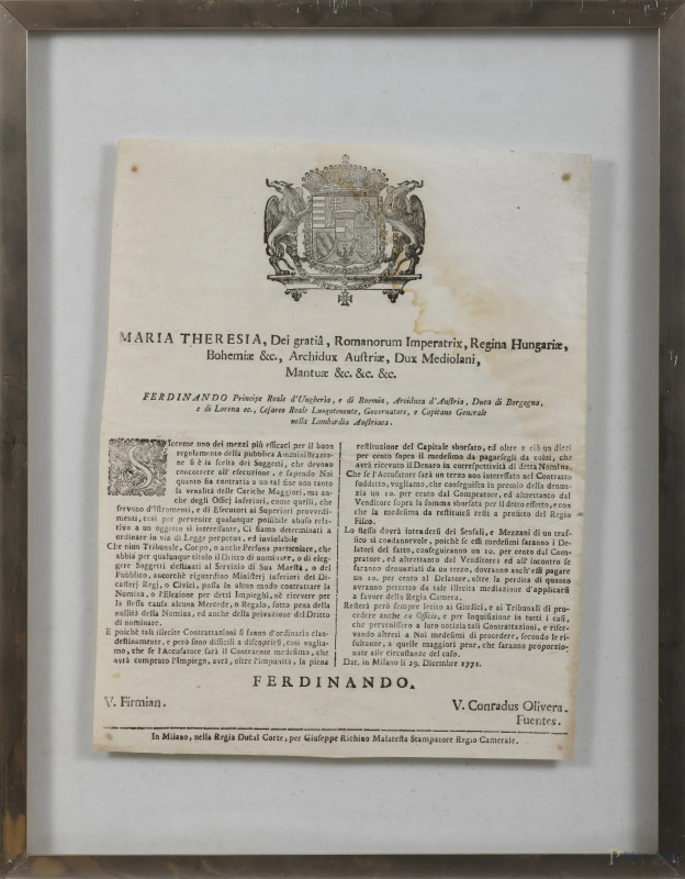 Maria Theresa, Dei Gratia, stampa su carta, cm 44x34, datato 29 dicembre 1771, entro cornice, (segni di usura, tracce di umidità, difetti)  - Asta ASTA A TEMPO | ELECTA - Aste Pirone