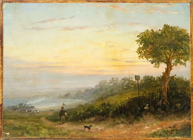 Paesaggio con contadino, olio su carta applicata su tavola, cm 26,5x37, XIX secolo, (difetti)  - Asta ASTA A TEMPO DI ANTIQUARIATO E ARTE MODERNA - Aste Pirone